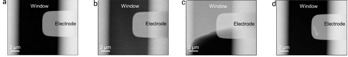 HAADF-STEM image of the window area of a liquid Nano-Cell at different environmental condition