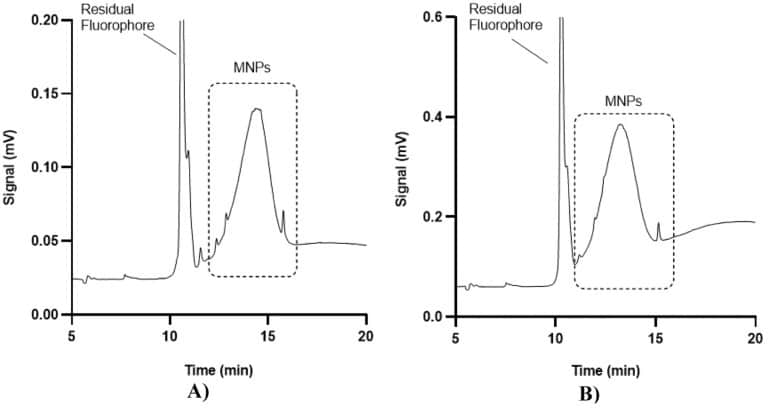 Electropherograms of two different categories of magnetic nanoparticles functionalized with sulfobetaine